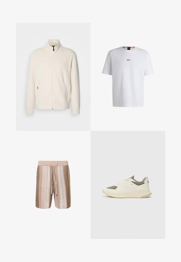 Ζακέτα σε off-white απόχρωση με κλείσιμο φερμουάρ, όρθιο γιακά, μακριά μανίκια, πλάγιες τσέπες και διακριτό λογότυπο "BOSS" στο αριστερό στήθος.; Λευκό βαμβακερό t-shirt με κοντά μανίκια, με μαύρο λογότυπο "BOSS" κεντραρισμένο στο στήθος και στρογγυλό σχέδιο λαιμόκοψης.; Μπεζ πλεκτοί μαγιό με οριζόντιες ρίγες σε ανοιχτότερες αποχρώσεις, ελαστική μέση με κορδόνι και υφασμάτινη υφή.; Λευκό και ανοιχτό μπεζ αθλητικό παπούτσι, με επάνω μέρος από διχτυωτό υλικό, διακοσμήσεις με περφορέ και υφή στην ενδιάμεση σόλα με επωνυμία στη φτέρνα.