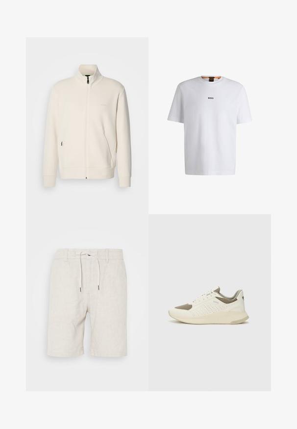 Casaco com fecho éclair em tom off-white, com colarinho elevado, mangas longas, bolsos laterais e um discreto logótipo "BOSS" no lado esquerdo do peito.; T-shirt de algodão branca com mangas curtas, apresentando um logo preto "BOSS" centrado no peito e um design de gola redonda.; Bermudas de linho em bege claro com uma cintura ajustável e cordão. Apresentam um corte descontraído e bordas acabadas para conforto.; Sapatilha atlética branca e bege claro, com parte superior em malha, detalhes perfurados e uma entressola texturizada com marcação no calcanhar.