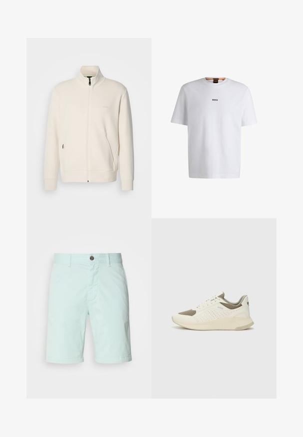 Krémová bunda na zips so stojatým golierom, dlhými rukávmi, bočnými vreckami a jemným logom "BOSS" na ľavej hrudi.; Biela bavlnená tričko s krátkymi rukávmi, na prednej strane so stredne umiestneným čiernym logom "BOSS" a okrúhlym výstrihom.; Svetlozelené šortky z bavlny, s predným zipsom, gombíkovým zapínaním a bočnými vreckami. Hladká textúra s neformálnym dizajnom.; Biele a svetlo béžové športové tenisky s hornou časťou z mriežkového materiálu, perforovanými detailmi a textúrovanou medzipodrážkou s logom na päte.