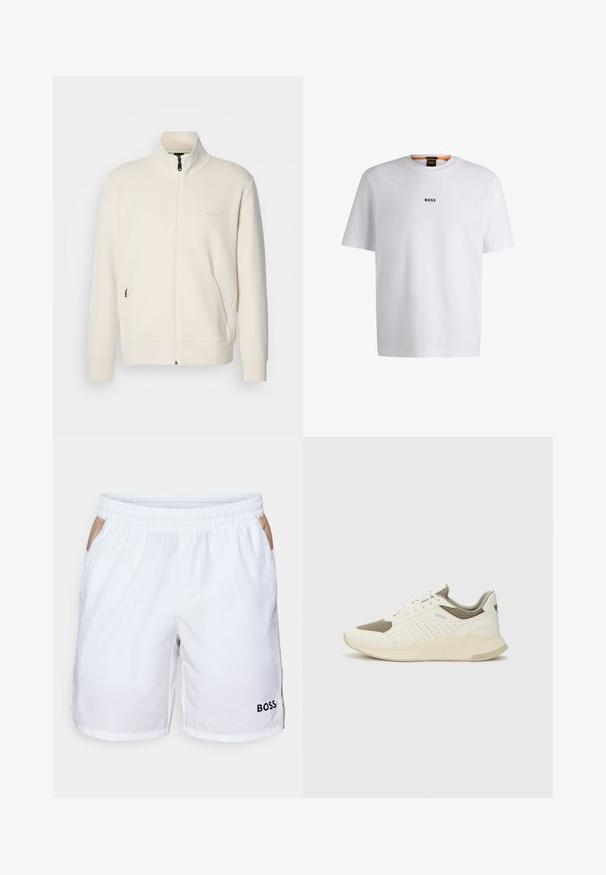 Krémová zipová bunda s vysokým límcem, dlouhými rukávy, bočními kapsami a jemným logem "BOSS" na levé části hrudi.; Bílý bavlněný tričko s krátkým rukávem, se středovým černým logem "BOSS" na hrudi a kulatým výstřihem.; Bílé plavkové šortky s elastickým pasem, dvěma bočními kapsami s béžovým akcentem a malým černým logem na pravé noze.; Bílé a světle béžové atletické tenisky, které mají síťovaný svršek, perforované detaily a texturovanou mezipodešev s logem na patě.