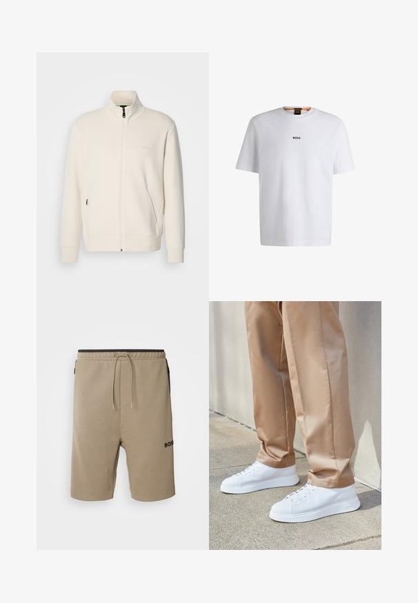Off-white zip-up jacka med ståkrage, långa ärmar, sidofickor och subtil "BOSS"-logotyp på vänster bröst.; Vit bomull T-shirt med korta ärmar, med en svart "BOSS"-logotyp centrerad på bröstet och en rund nackdesign.; Beige sweatshorts i bomullsblandning, med resårmidja och snörning, sidofickor och en svart logotypdekal.; Vita lädersneakers med en slät yta, rund tå, vita snören och en minimalistisk design. Bärs med ljusbruna, avsmalnande byxor.
