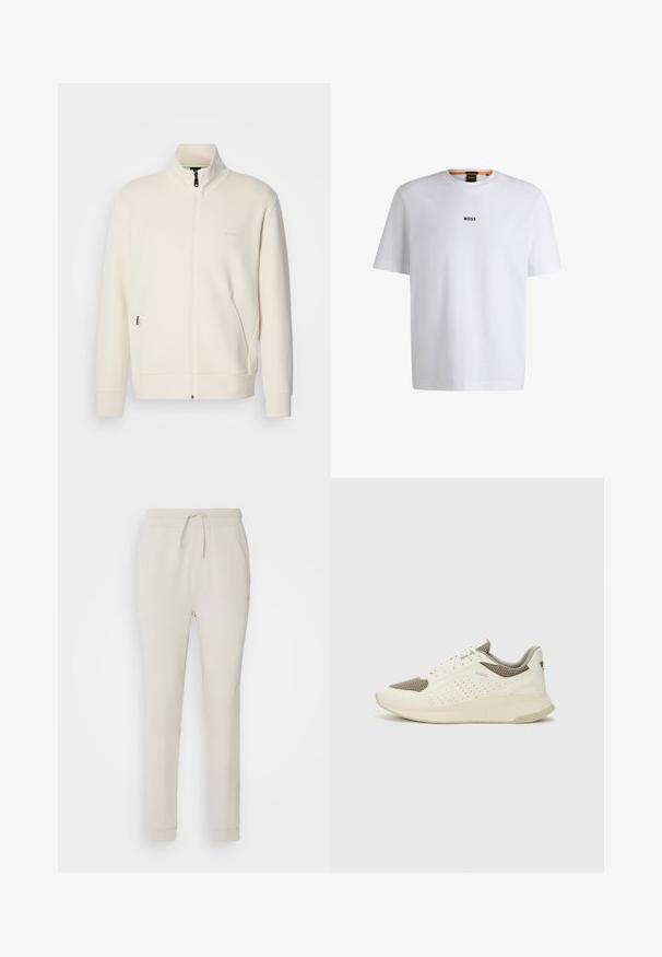 Off-white krūškurvja jaka ar uzacīšu apkakli, garām piedurknēm, sānu kabatām un diskrētu "BOSS" logo uz kreisā krūškurvja.; Balta kokvilnas T-kreklu ar īsām piedurknēm, ar melnu "BOSS" logotipu centrā uz krūšu un apļa formas kakla dizainu.; Gaiši bežs sporta bikses, kas izgatavotas no mīkstas, teksturētas auduma. Ar šņoru jostu, ribotām aprocēm un sānu kabatām. Pielāgots piegriezums.; Baltas un gaiši bež sporta apavi, ar sieta augšdaļu, perforētiem detaļām un teksturētu vidusdaļu ar zīmolu uz papēža.