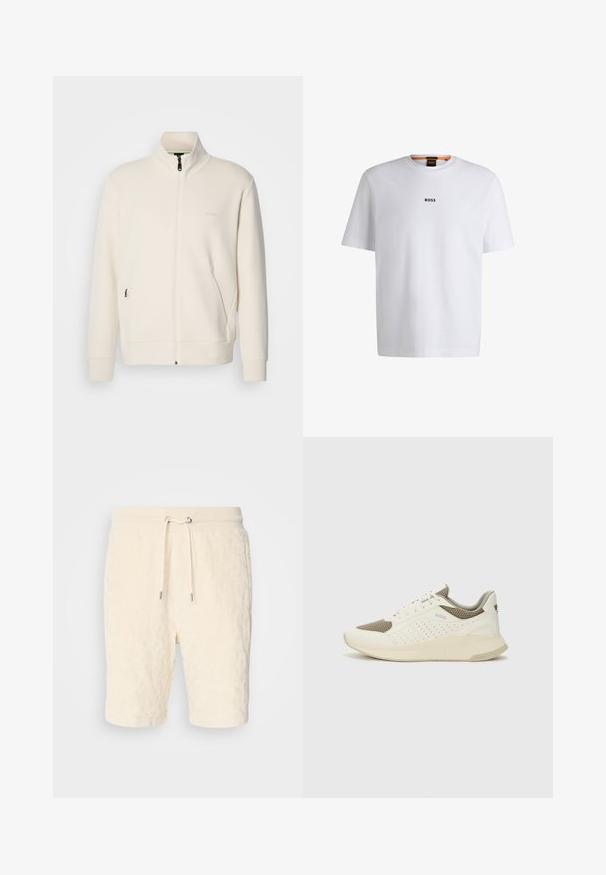 Jakna boje off-white s patentnim zatvaračem, stajaćim ovratnikom, dugim rukavima, bočnim džepovima i suptilnim logotipom "BOSS" na lijevoj strani prsnog koša.; Bijela pamučna majica kratkih rukava, s crnim logotipom "BOSS" centriranim na prsima i okruglim izrezom.; Krem kratke hlače od teksturiranog materijala s pojasom na vezanje i bočnim džepovima, s dizajnom do sredine bedra.; Bijele i svijetlosmeđe sportske tenisice, sa mrežastim gornjim dijelom, perforiranim detaljima i teksturiranim međutrakom sa brendom na peti.