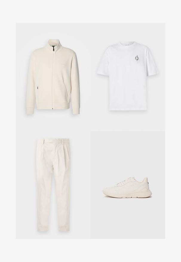 Off-white krūškurvja jaka ar uzacīšu apkakli, garām piedurknēm, sānu kabatām un diskrētu "BOSS" logo uz kreisā krūškurvja.; Bāla kokvilnas t-kreklu ar brīvu piegulšanu, kuram uz kreisā krūšu apvidus ir neliels melns grafiskais logotips. Īsas piedurknes, apaļas kakla izgriezums.; Baltas, pleitēts bikses ar piegriezumu, kas pielāgots figūrai, ar gludu tekstūru, jostas cilpām un sašaurinātiem galiem. Nav redzamu kabatu vai rakstu.; Baltā sneakeru apava izgatavota no teksturēta materiāla, ar gludu zoli, aizsietu priekšpusi un vieglu zīmola identifikāciju uz papēža. Minimālisma dizains.