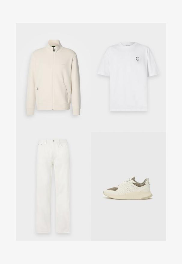 Kreemi värvi lukuga jakk kõrge kraega, pikkade varrukatega, küljetaskutega ja diskreetse "BOSS" logo ka vasakul rinnal.; Valge puuvillane t-särk lõdva sobivusega, millel on vasakul rinnal väike must graafiline logo. Lühikesed varrukad, ümmargune kaelus.; Valged denim teksad sirge lõikega, nööbi ja tõmblukuga sulgemine, viie taskuga disain ning ilma nähtavate mustrite või aktsentideta.; Valge ja heledat beeži värvi spordijalats, millel on õhuke võrkmaterjal, perforatsioonidega detailid ning tekstuuriga vahetald, millel on brändi logo kannaosas.