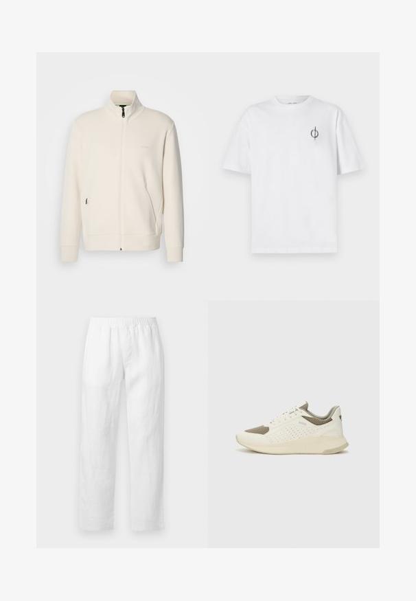 Off-white Zip-Jacke mit Stehkragen, langen Ärmeln, Seitentaschen und dezenter "BOSS"-Logo auf der linken Brust.; Weißes Baumwoll-T-Shirt mit lockerer Passform, das ein kleines schwarzes Grafiklogo auf der linken Brustseite aufweist. Kurze Ärmel, Rundhalsausschnitt.; Weiße Leinenhose mit elastischem Bund, geradem Bein und weicher Textur ohne sichtbare Muster oder Verzierungen.; Weiße und hellbeige Sport Sneakers, ausgestattet mit einem Obermaterial aus Netzgewebe, perforierten Details und einer strukturierten Zwischensohle mit Branding an der Ferse.