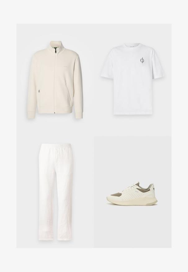 Veste zippée beige clair avec col montant, manches longues, poches latérales et logo "BOSS" discret sur la poitrine gauche.; T-shirt en coton blanc avec une coupe décontractée, présentant un petit logo graphique noir sur le côté gauche de la poitrine. Manches courtes, col rond.; Pantalons en lin blancs avec une taille élastique, design à jambe droite et tissu légèrement texturé. Pas de motifs ni de détails supplémentaires.; Basket de sport blanche et beige clair, avec une tige en maille, des détails perforés et une semelle intermédiaire texturée avec un logo sur le talon.