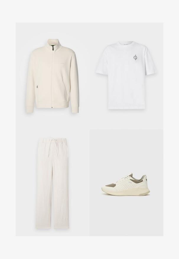 Hosszú ujjú, álló galléros, krémfehér cipzáras dzseki, oldalsó zsebekkel és diszkrét "BOSS" logóval a bal mellrészen.; Fehér pamut póló laza szabással, kis fekete grafikai logóval a bal mellen. Rövid ujjak, kerek nyakkivágás.; Világos bézs vászon nadrág, rugalmas derékrésszel, zsinórral, széles lábakkal, sima textúrával, látható minták vagy fémalkatrészek nélkül.; Fehér és világos bézs sportcipő, légies hálós felsőrésszel, perforált részletekkel és texturált középtalppal, amelyen a saroknál a márka logója található.