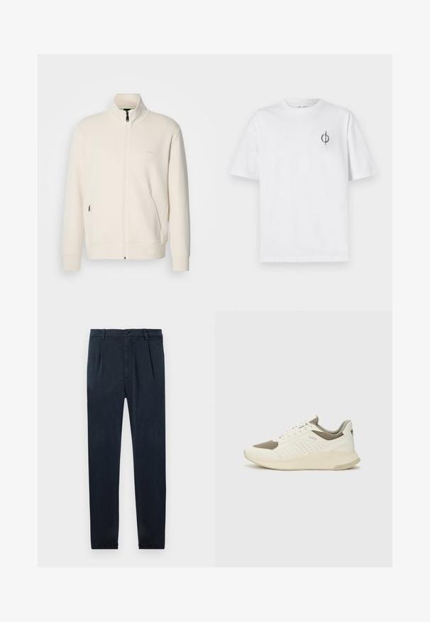 Ζακέτα σε off-white απόχρωση με κλείσιμο φερμουάρ, όρθιο γιακά, μακριά μανίκια, πλάγιες τσέπες και διακριτό λογότυπο "BOSS" στο αριστερό στήθος.; Λευκό βαμβακερό t-shirt με άνετη εφαρμογή, που διαθέτει ένα μικρό μαύρο γραφικό λογότυπο στην αριστερή πλευρά του στήθους. Βραχίονες κοντοί, στρογγυλή λαιμόκοψη.; Ναυτικά μπλε παντελόνια κατασκευασμένα από μαλακό ύφασμα, με κομψό σχέδιο, τσέπες και κλείσιμο με κουμπί. Λείος υφή με ραμμένο εφαρμοστό σχέδιο.; Λευκό και ανοιχτό μπεζ αθλητικό παπούτσι, με επάνω μέρος από διχτυωτό υλικό, διακοσμήσεις με περφορέ και υφή στην ενδιάμεση σόλα με επωνυμία στη φτέρνα.