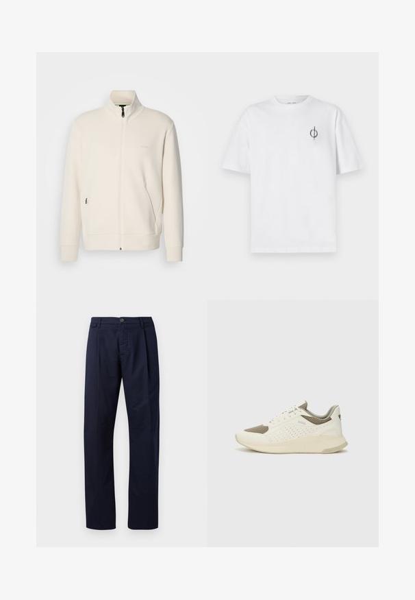 Jachetă crem cu fermoar, cu guler înalt, mâneci lungi, buzunare laterale și logo-ul subtil "BOSS" pe pieptul stâng.; Tricou alb din bumbac cu o croială lejeră, având un mic logo grafic negru în zona stângă a pieptului. Mâneci scurte, stil guler rotund.; Pantaloni bleumarin dintr-un material cu o textură netedă, având picioare drepte, închidere cu nasture și un plié frontal.; Tenis sportivi alb și bej deschis, cu un înveliș din plasă, detalii perforate și o talpă intermediară texturată, având marcaj pe călcâi.