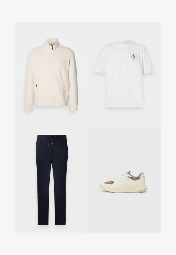 Casaco com fecho éclair em tom off-white, com colarinho elevado, mangas longas, bolsos laterais e um discreto logótipo "BOSS" no lado esquerdo do peito.; Camisa de algodão branca com um corte relaxado, apresentando um pequeno logótipo gráfico preto na área do peito esquerdo. Mangas curtas, estilo de gola redonda.; Calças azul-marinho com um cós elástico, design ajustado e tecido de textura suave. Sem padrões ou detalhes visíveis.; Sapatilha atlética branca e bege claro, com parte superior em malha, detalhes perfurados e uma entressola texturizada com marcação no calcanhar.