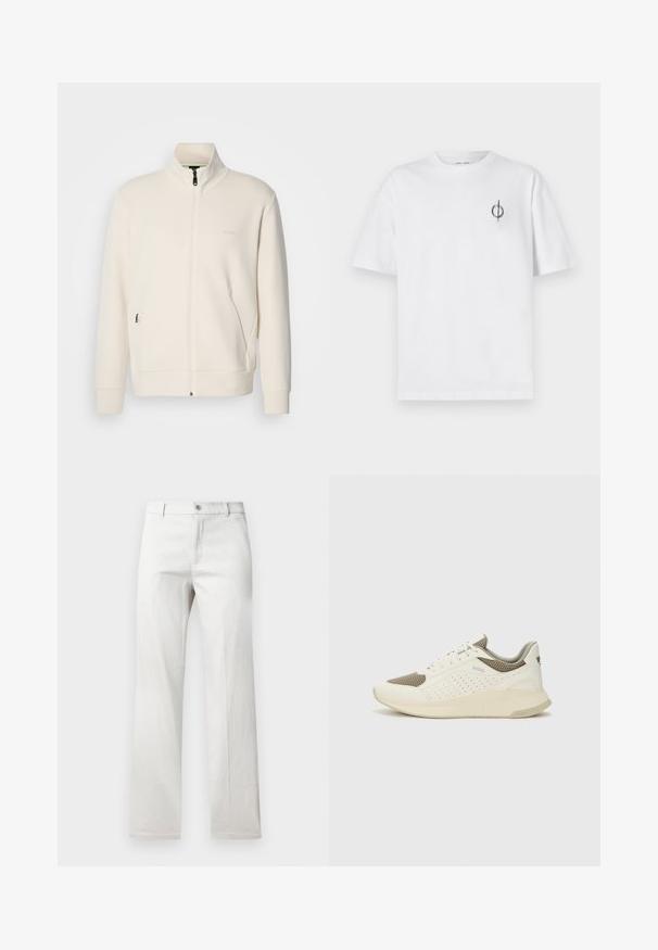 Off-white zip-up jacket with stand collar, long sleeves, side pockets, and subtle "BOSS" logo on the left chest.; White cotton t-shirt with a relaxed fit, featuring a small black graphic logo on the left chest area. Short sleeves, crew neck style.; Light gray trousers with a straight-leg design, made from a smooth fabric, featuring a front button closure and side pockets.; White and light beige athletic sneaker, featuring a mesh upper, perforated detailing, and a textured midsole with branding on the heel.
