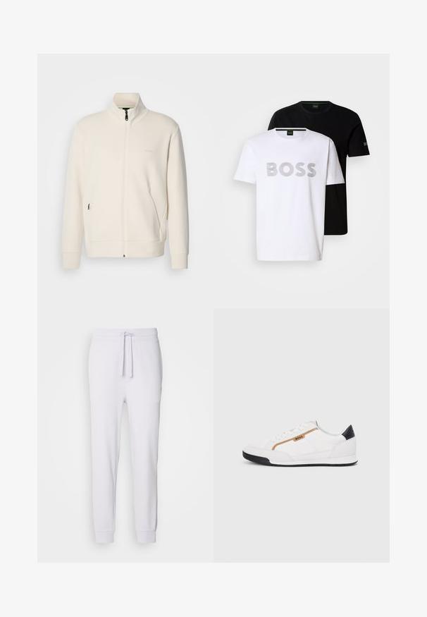 Oficialiai balta zip-up striukė su stovinčia apykakle, ilgomis rankovėmis, šoninėmis kišenėmis ir subtiliu "BOSS" logotipu kairėje krūtinės pusėje.; Du tamsių apvalios iškirptės marškinėlių pora; vieni balti su pilkomis juostelėmis ir "BOSS" spauda, kiti juodi su maža "BOSS" logotipu ant rankovės.; HUGO DAYOTE - Treningo apatinė dalis - light pastel purple; Balti sportiniai bateliai su tinklinėmis ir odinėmis detalėmis. Yra auksinė "BOSS" logotipas, tekstūruoti šonai ir juodas kulno dangtelis. Guminis padas.