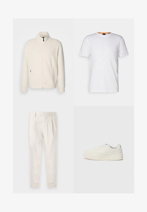 Krémová zipová bunda s vysokým límcem, dlouhými rukávy, bočními kapsami a jemným logem "BOSS" na levé části hrudi.; Bílý bavlněný tričko s kulatým výstřihem, krátkými rukávy a jemně embosovaným logem na hrudi. Vnitřní štítek má oranžový akcent.; Bílé, plisované kalhoty s upraveným střihem, které mají hladkou texturu, poutka na opasek a zúžené nohavice. Bez viditelných kapes nebo vzorů.; Bílé tenisky s hladkým koženým svrškem, kulatou špičkou, plochými tkaničkami a strukturovanou gumovou podešví. Na patě je červený akcent.