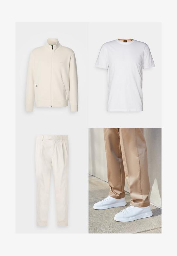 Kreemi värvi lukuga jakk kõrge kraega, pikkade varrukatega, küljetaskutega ja diskreetse "BOSS" logo ka vasakul rinnal.; Valge puuvillane T-särk ümmarguse kaelusega, lühikeste varrukatega ja rinna peal diskreetse reljeefse logoga. Siseetiketil on oranž detail.; Valged volditud püksid, mis on kohandatud sobivusega, sujuva tekstuuriga, vööloopidega ja kitsenevate jalgadega. Pole nähtavaid taskuid ega mustreid.; Valged nahast spordijalatsid siledaga, ümmargused varbad, valged paelad ja minimalistlik disain. Kandnud heledast pruunist kitsaste pükstega.