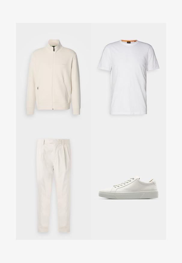 Kurtka zapinana na zamek w kolorze off-white z stójką, długimi rękawami, bocznymi kieszeniami oraz subtelnym logo "BOSS" na lewej piersi.; Biała bawełniana koszulka z okrągłym dekoltem, krótkimi rękawami oraz subtelnie wytłoczonym logo na klatce piersiowej. Wewnętrzna metka ma pomarańczowy akcent.; Białe, plisowane spodnie o dopasowanym kroju, z gładką fakturą, szlufkami na pasek i zwężanymi nogawkami. Brak widocznych kieszeni lub wzorów.; Białe skórzane sneakersy z zaokrąglonym noskiem, minimalistycznym designem, szarymi sznurowadłami i teksturowaną szaro-rubberową podeszwą. Widoczne subtelne detale szycia.