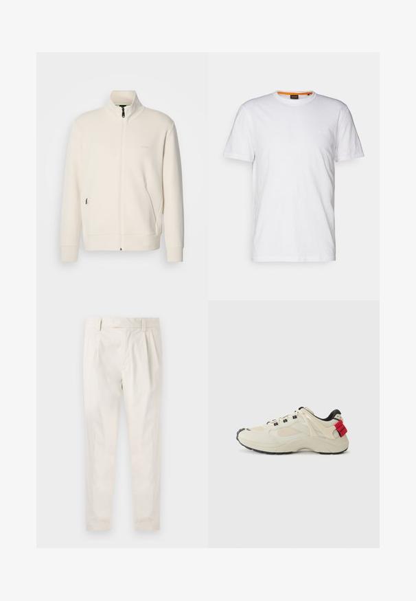 Off-white Zip-Jacke mit Stehkragen, langen Ärmeln, Seitentaschen und dezenter "BOSS"-Logo auf der linken Brust.; Weißes Baumwoll-T-Shirt mit Rundhalsausschnitt, kurzen Ärmeln und einem dezenten geprägten Logo auf der Brust. Das Innenschild hat einen orangefarbenen Akzent.; Weiße, plissierte Hose mit taillierten Schnitt, die eine glatte Textur, Gürtelschlaufen und schmal zulaufende Beine aufweist. Keine sichtbaren Taschen oder Muster.; Beige Sneaker mit Mesh- und Lederverkleidungen, schwarzer Gummisohle, Schnürdesign und roten Akzenten an der Ferse mit "Hugo"-Branding.