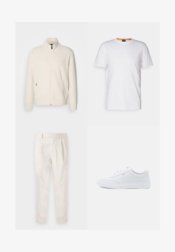 Off-white zip-up jakke med stående krage, lange ermer, sidelommer og diskré "BOSS" logo på venstre bryst.; Hvit t-skjorte av bomull med rund hals, korte ermer og en subtil preget logo på brystet. Innvendig etikett har en oransje aksent.; Hvite, pregede bukser med skreddersydd passform, som har en jevn tekstur, beltehemper og avsmalnende ben. Ingen synlige lommer eller mønstre.; Hvit skinn sneakers med glatt tekstur, rund tå og ton-i-ton søm. Har blå lisser og et gulllogo på siden.
