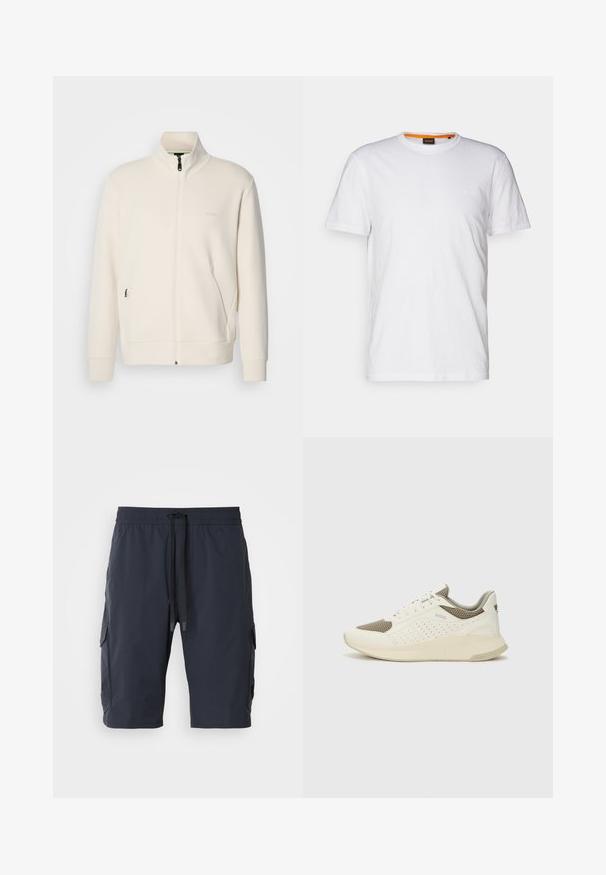 Oficialiai balta zip-up striukė su stovinčia apykakle, ilgomis rankovėmis, šoninėmis kišenėmis ir subtiliu "BOSS" logotipu kairėje krūtinės pusėje.; Balta medvilnė marškinėliai su apvalia iškirpte, trumpomis rankovėmis ir subtiliu iškilniu logotipu ant krūtinės. Viduje esantis etiketas turi oranžinį akcentą.; Jūriniai krovinių šortai su elastine juostele, raišteliu priekyje, šoninėmis kišenėmis ir glotnia tekstūra. Patvari medžiaga, tinkama kasdieniam nešiojimui.; Baltas ir šviesiai bežinis sportinis kedas, su tinklo viršumi, perforuotais detalėmis ir tekstūruotu tarpine su logotipu ant kulno.