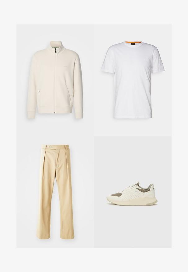 Lysbeige zip-up jakke med ståkrave, lange ærmer, sidelommer og diskret "BOSS" logo på venstre bryst.; Hvid bomulds T-shirt med rund hals, korte ærmer og et subtilt præget logo på brystet. Indvendigt mærke har en orange detalje.; Beige bukser med lige ben-design, der har frontfoldninger, en knaplukning og en glat tekstur. Ingen synlige mønstre eller accenter.; Hvide og lyse beige sportssko med en mesh-overdel, perforerede detaljer og en tekstureret mellemsål med branding på hælen.
