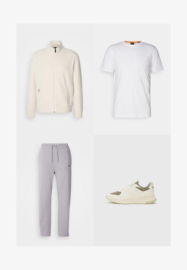 Off-white zip-up jacka med ståkrage, långa ärmar, sidofickor och subtil "BOSS"-logotyp på vänster bröst.; Vit bomulls T-shirt med rundad halsringning, korta ärmar och en diskret präglad logotyp på bröstet. Inuti finns en etikett med en orange accent.; Ljusgrå sweatpants med dragsko i midjan, sidfickor och blixtlås vid anklarna. Har en liten blå logotyp på framsidan.; Vit och ljusbeige atletisk sneaker med ett meshöverdrag, perforerade detaljer och en texturerad mellansula med varumärke på hälen.