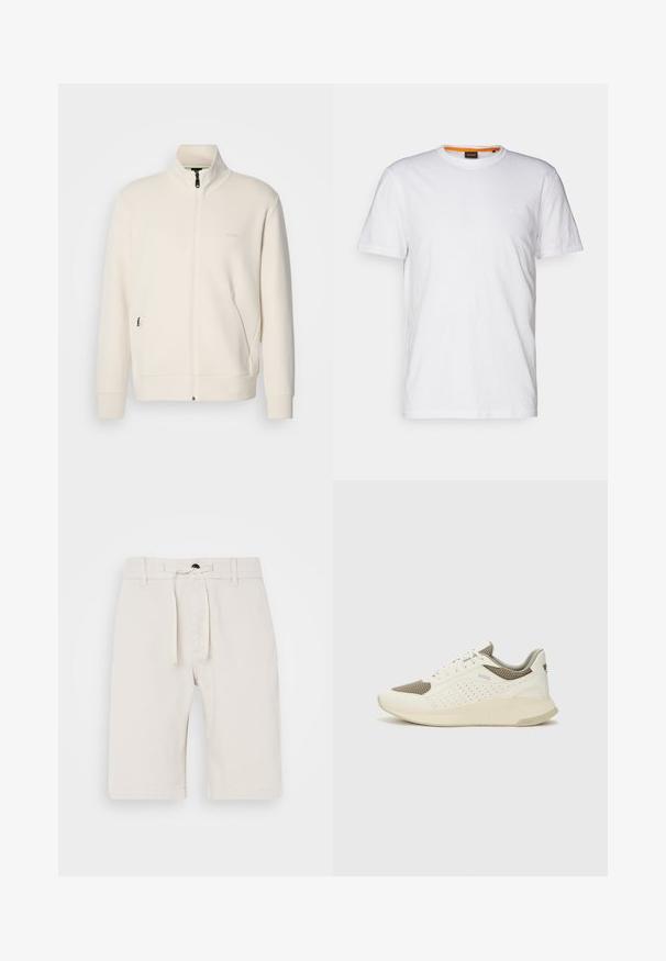 Off-white krūškurvja jaka ar uzacīšu apkakli, garām piedurknēm, sānu kabatām un diskrētu "BOSS" logo uz kreisā krūškurvja.; Balta kokvilnas T-krekls ar apaļu kakla izgriezumu, īsām piedurknēm un nemanāmu reljefa logo uz krūšu daļas. Iekšējā birka ar oranžu akcentu.; Bežīna kokvilnas šorti ar aukliņu jostā, taisnām kājām, sānu kabatām un gludu tekstūru. Izstrādāti komfortam un ikdienas valkāšanai.; Baltas un gaiši bež sporta apavi, ar sieta augšdaļu, perforētiem detaļām un teksturētu vidusdaļu ar zīmolu uz papēža.