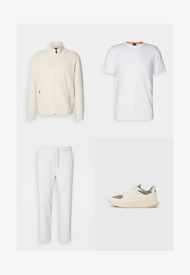 Casaco com fecho éclair em tom off-white, com colarinho elevado, mangas longas, bolsos laterais e um discreto logótipo "BOSS" no lado esquerdo do peito.; T-shirt de algodão branco com decote redondo, mangas curtas e um logo em relevo discreto no peito. A etiqueta interior tem um detalhe laranja.; Calças brancas ajustadas com um cós elástico, fecho de cordão, textura suave e sem padrões ou detalhes visíveis.; Sapatilha atlética branca e bege claro, com parte superior em malha, detalhes perfurados e uma entressola texturizada com marcação no calcanhar.