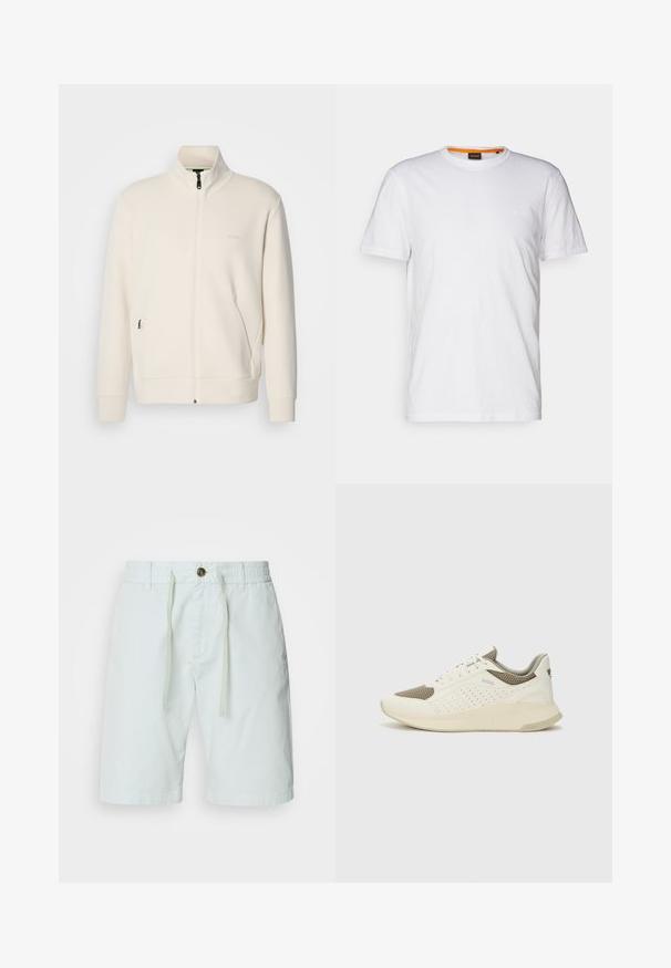 Off-white zip-up jakke med stående krage, lange ermer, sidelommer og diskré "BOSS" logo på venstre bryst.; Hvit t-skjorte av bomull med rund hals, korte ermer og en subtil preget logo på brystet. Innvendig etikett har en oransje aksent.; Lysegrønne bomullsshorts med elastisk linning og snøring. Har knappelukking, sidelommer og rett snitt.; Hvit og lysebeige treningssko, med en mesh-overdel, perforerte detaljer og en teksturert mellomsåle med merkevare på hælen.