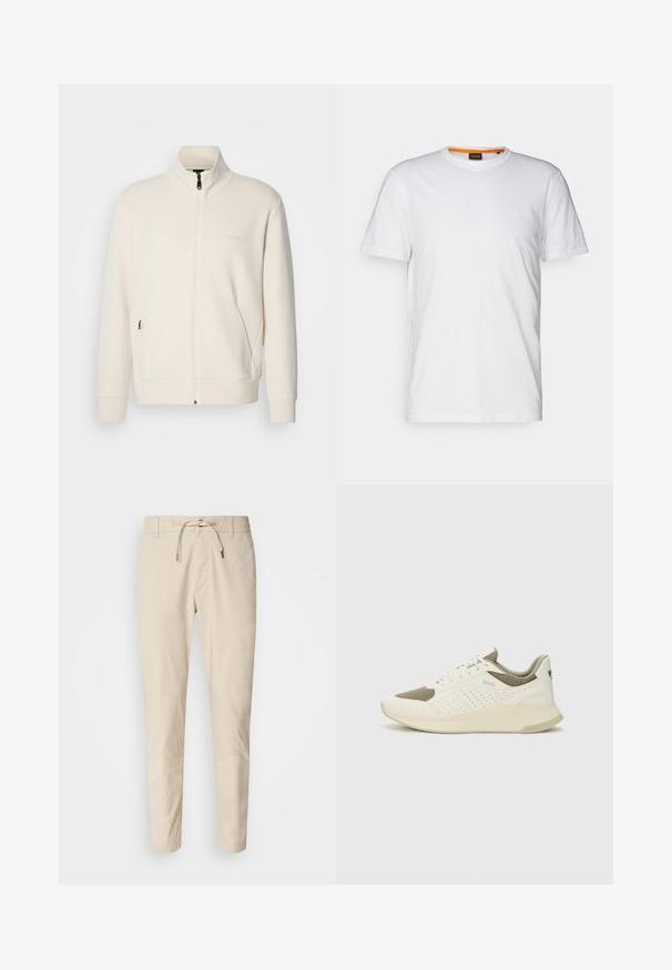 Off-white krūškurvja jaka ar uzacīšu apkakli, garām piedurknēm, sānu kabatām un diskrētu "BOSS" logo uz kreisā krūškurvja.; Balta kokvilnas T-krekls ar apaļu kakla izgriezumu, īsām piedurknēm un nemanāmu reljefa logo uz krūšu daļas. Iekšējā birka ar oranžu akcentu.; Gai krēmo krāsas bikses ar gludu auduma tekstūru, elastīgu jostu un regulējamu auklu. Šaurs kāju dizains. Nav redzamu rakstu.; Baltas un gaiši bež sporta apavi, ar sieta augšdaļu, perforētiem detaļām un teksturētu vidusdaļu ar zīmolu uz papēža.