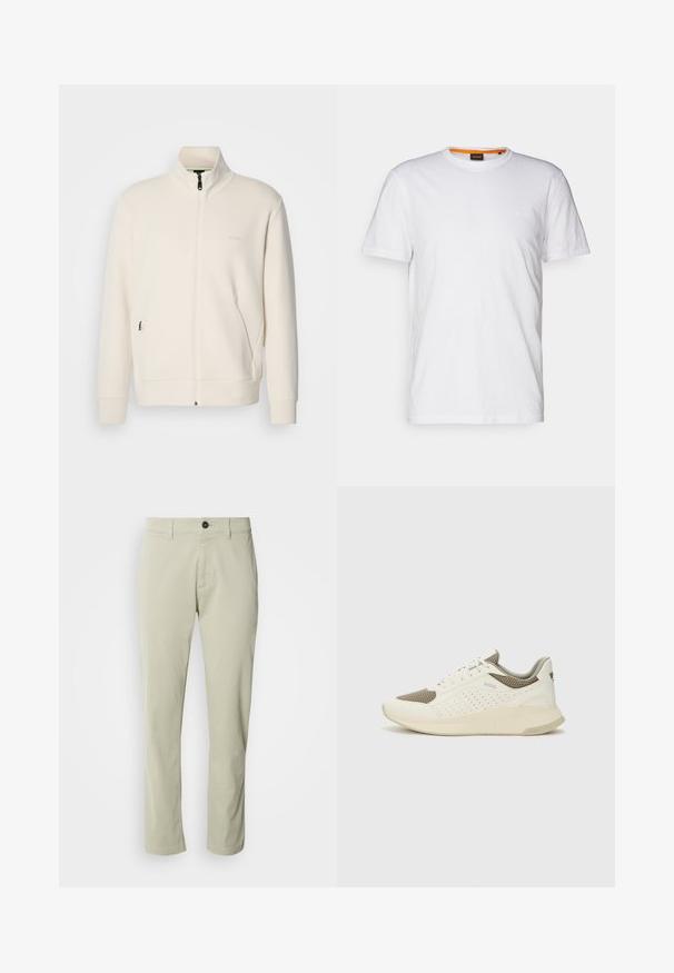 Oficialiai balta zip-up striukė su stovinčia apykakle, ilgomis rankovėmis, šoninėmis kišenėmis ir subtiliu "BOSS" logotipu kairėje krūtinės pusėje.; Balta medvilnė marškinėliai su apvalia iškirpte, trumpomis rankovėmis ir subtiliu iškilniu logotipu ant krūtinės. Viduje esantis etiketas turi oranžinį akcentą.; Šviesiai rudos medvilninės chino kelnės su tiesiu siluetu, užtrauktuku ir vienu mygtuku. Turi diržų kilpos ir lygią tekstūrą.; Baltas ir šviesiai bežinis sportinis kedas, su tinklo viršumi, perforuotais detalėmis ir tekstūruotu tarpine su logotipu ant kulno.