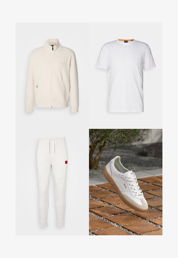 Off-white krūškurvja jaka ar uzacīšu apkakli, garām piedurknēm, sānu kabatām un diskrētu "BOSS" logo uz kreisā krūškurvja.; Balta kokvilnas T-krekls ar apaļu kakla izgriezumu, īsām piedurknēm un nemanāmu reljefa logo uz krūšu daļas. Iekšējā birka ar oranžu akcentu.; Baltas sporta bikses ar aukliņu jostasvieta, ribotām piedurknēm un sarkanu logotipa uzšuvi uz kreisā augšstilba. Mīksts audums un pieguļoša silueta dizains.; Baltas ādas kedas ar bēšiem zamšādām, ar apaļu purngalu, auklām priekšā un brūnu gumijas zoli, uz kuras redzams zīmola nosaukums "BOSS".