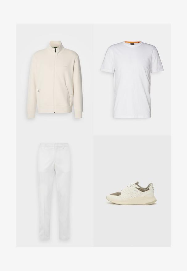 Off-white zip-up jakke med stående krage, lange ermer, sidelommer og diskré "BOSS" logo på venstre bryst.; Hvit t-skjorte av bomull med rund hals, korte ermer og en subtil preget logo på brystet. Innvendig etikett har en oransje aksent.; Smalpassende hvite bukser med beltehemper, glidelås foran og sidelommer, vist flatt på en nøytral bakgrunn.; Hvit og lysebeige treningssko, med en mesh-overdel, perforerte detaljer og en teksturert mellomsåle med merkevare på hælen.