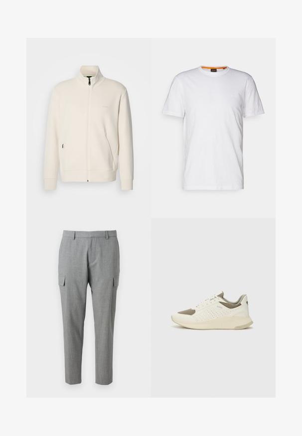 Off-white zip-up jakna s stoječim ovratnikom, dolgimi rokavi, stranskimi žepi in subtilnim logotipom "BOSS" na levem prsnem delu.; Bela bombažna majica s kratkimi rokavi in okroglim izrezom, z diskretnim reliefnim logotipom na prsih. Notranja oznaka ima oranžni akcent.; Sive cargo hlače iz teksturiranega blaga, opremljene s stranskimi žepi, ravnim krojem in srednjim pasom. Natančno šivanje in brez vidnih vzorcev.; Beli in svetlo bež športni copat, s mrežastim zgornjim delom, perforiranimi detajli in teksturirano srednjim delom z blagovno znamko na peti.