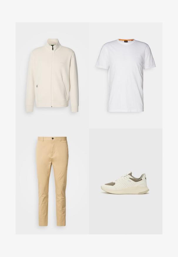 Lysbeige zip-up jakke med ståkrave, lange ærmer, sidelommer og diskret "BOSS" logo på venstre bryst.; Hvid bomulds T-shirt med rund hals, korte ærmer og et subtilt præget logo på brystet. Indvendigt mærke har en orange detalje.; Beige chinos lavet af bomuld med en glat tekstur. Har en knaplukning, bæltestropper og indsnævring mod anklen.; Hvide og lyse beige sportssko med en mesh-overdel, perforerede detaljer og en tekstureret mellemsål med branding på hælen.