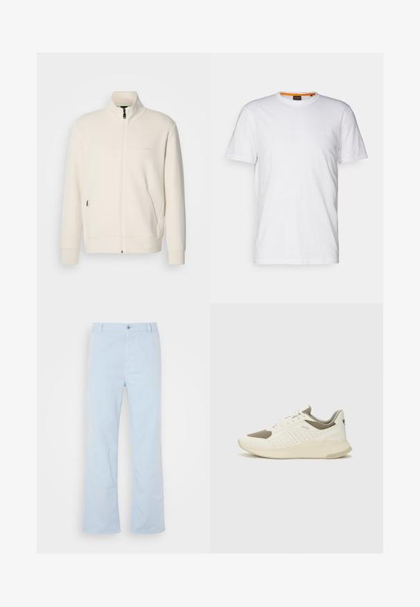 Oficialiai balta zip-up striukė su stovinčia apykakle, ilgomis rankovėmis, šoninėmis kišenėmis ir subtiliu "BOSS" logotipu kairėje krūtinės pusėje.; Balta medvilnė marškinėliai su apvalia iškirpte, trumpomis rankovėmis ir subtiliu iškilniu logotipu ant krūtinės. Viduje esantis etiketas turi oranžinį akcentą.; Šviesiai mėlyni medvilniniai kelnių su tiesiu kirpimu, priekyje užsegamos mygtuku, su šoninėmis kišenėmis. Lygus paviršius ir minimalūs siuvimo detalės.; Baltas ir šviesiai bežinis sportinis kedas, su tinklo viršumi, perforuotais detalėmis ir tekstūruotu tarpine su logotipu ant kulno.