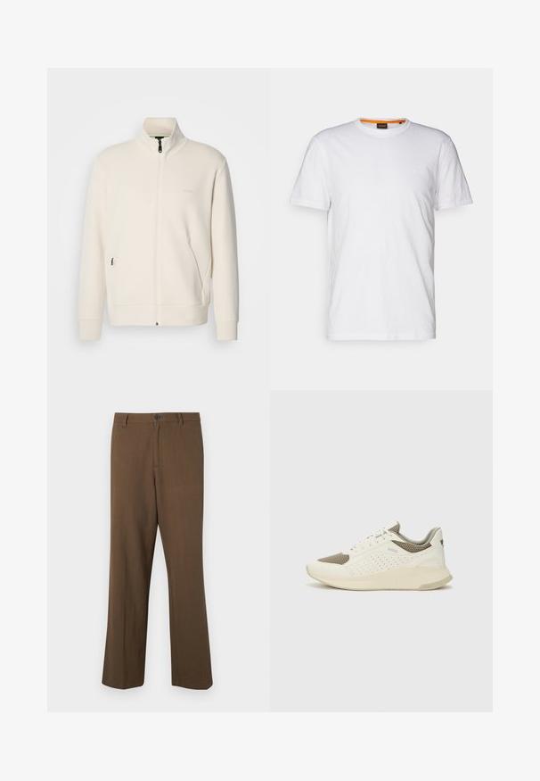 Ζακέτα σε off-white απόχρωση με κλείσιμο φερμουάρ, όρθιο γιακά, μακριά μανίκια, πλάγιες τσέπες και διακριτό λογότυπο "BOSS" στο αριστερό στήθος.; Λευκό βαμβακερό T-shirt με στρογγυλή λαιμόκοψη, κοντά μανίκια και μια διακριτική ανάγλυφη λογότυπο στο στήθος. Η εσωτερική ετικέτα έχει πορτοκαλί λεπτομέρεια.; Καφέ παντελόνι με ίσια γραμμή, κατασκευασμένο από υφή υφάσματος, διαθέτοντας κουμπί κλεισίματος και στάνταρ ζώνη, με πλαϊνές τσέπες και ραφές ραμμένες.; Λευκό και ανοιχτό μπεζ αθλητικό παπούτσι, με επάνω μέρος από διχτυωτό υλικό, διακοσμήσεις με περφορέ και υφή στην ενδιάμεση σόλα με επωνυμία στη φτέρνα.