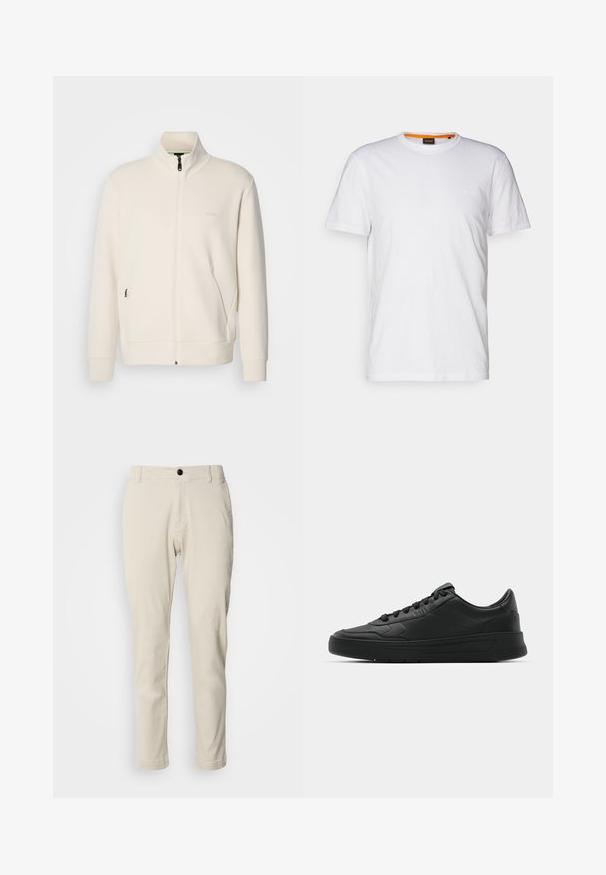 Off-white zip-up jacka med ståkrage, långa ärmar, sidofickor och subtil "BOSS"-logotyp på vänster bröst.; Vit bomulls T-shirt med rundad halsringning, korta ärmar och en diskret präglad logotyp på bröstet. Inuti finns en etikett med en orange accent.; Beige chinos med rak benklippning, tillverkade av mjuk bomullstyg, med dragkedja och en svart knappknäppning.; Svart sneaker med slät läderöverkänsla, rund tå, platta snören, vadderad krage och minimalistisk design. Gummisula med subtilt mönster.