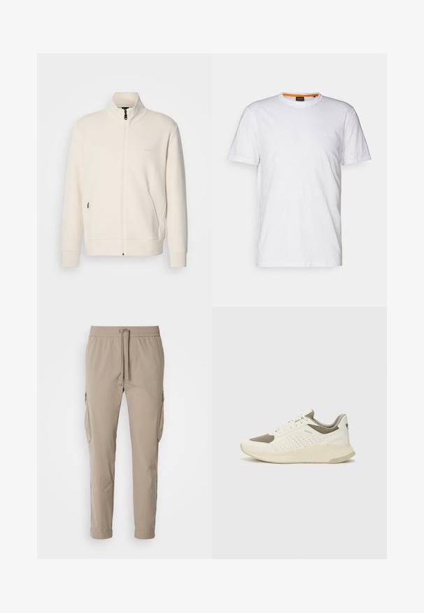 Off-white zip-up jakna s stoječim ovratnikom, dolgimi rokavi, stranskimi žepi in subtilnim logotipom "BOSS" na levem prsnem delu.; Bela bombažna majica s kratkimi rokavi in okroglim izrezom, z diskretnim reliefnim logotipom na prsih. Notranja oznaka ima oranžni akcent.; Bež cargo hlače z elastičnim pasom in vrvico. Imajo stranske žepe in obliko nogavic, narejene so iz lahkega materiala.; Beli in svetlo bež športni copat, s mrežastim zgornjim delom, perforiranimi detajli in teksturirano srednjim delom z blagovno znamko na peti.