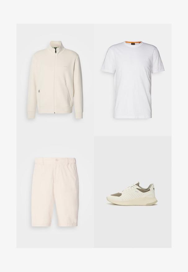 Off-white zip-up jacka med ståkrage, långa ärmar, sidofickor och subtil "BOSS"-logotyp på vänster bröst.; Vit bomulls T-shirt med rundad halsringning, korta ärmar och en diskret präglad logotyp på bröstet. Inuti finns en etikett med en orange accent.; Beige shorts i lättviktig tyg med knappstängning, elastisk midja, sidfickor och knälång modell.; Vit och ljusbeige atletisk sneaker med ett meshöverdrag, perforerade detaljer och en texturerad mellansula med varumärke på hälen.