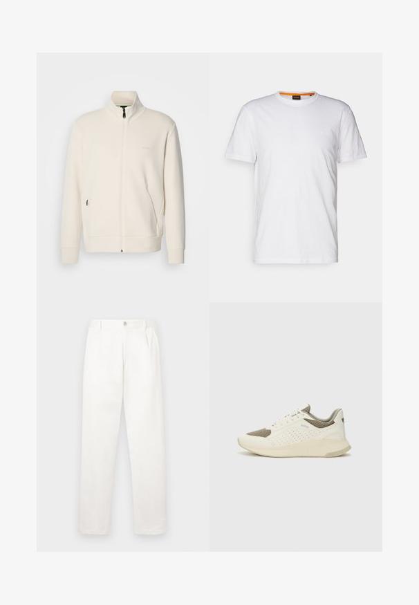 Off-white krūškurvja jaka ar uzacīšu apkakli, garām piedurknēm, sānu kabatām un diskrētu "BOSS" logo uz kreisā krūškurvja.; Balta kokvilnas T-krekls ar apaļu kakla izgriezumu, īsām piedurknēm un nemanāmu reljefa logo uz krūšu daļas. Iekšējā birka ar oranžu akcentu.; Baltas bikses, izgatavotas no gludas auduma, ar taisnu kāju dizainu, priekšējiem krokām un vienu pogu aizdari jostasvietā.; Baltas un gaiši bež sporta apavi, ar sieta augšdaļu, perforētiem detaļām un teksturētu vidusdaļu ar zīmolu uz papēža.
