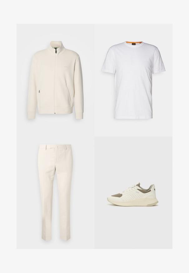 Giacca zip-up bianco sporco con colletto alto, maniche lunghe, tasche laterali e sottile logo "BOSS" sul lato sinistro del petto.; T-shirt bianco in cotone con collo rotondo, maniche corte e un logo a rilievo discreto sul petto. L'etichetta interna ha un accento arancione.; Chino beige chiaro in cotone, con frontale piatto, passanti per cintura e tasche laterali. Design a gamba dritta con una texture liscia.; Sneaker atletica bianca e beige chiaro, con tomaia in mesh, dettagli perforati e una suola intermedia texturizzata con marchio sul tallone.