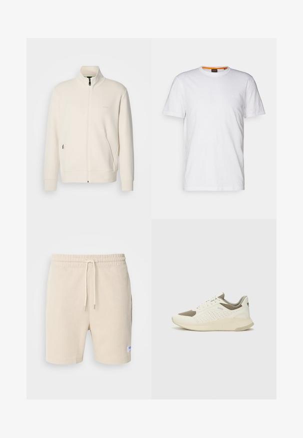 Kreemi värvi lukuga jakk kõrge kraega, pikkade varrukatega, küljetaskutega ja diskreetse "BOSS" logo ka vasakul rinnal.; Valge puuvillane T-särk ümmarguse kaelusega, lühikeste varrukatega ja rinna peal diskreetse reljeefse logoga. Siseetiketil on oranž detail.; Kreemikaalused lühikesed püksid, mis on valmistatud tekstureeritud kangast. Omab elastset vööd, millel on nöör ja küljetaskud. Väike silt allääres.; Valge ja heledat beeži värvi spordijalats, millel on õhuke võrkmaterjal, perforatsioonidega detailid ning tekstuuriga vahetald, millel on brändi logo kannaosas.