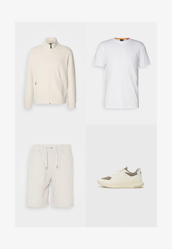 Off-white zip-up jakke med stående krage, lange ermer, sidelommer og diskré "BOSS" logo på venstre bryst.; Hvit t-skjorte av bomull med rund hals, korte ermer og en subtil preget logo på brystet. Innvendig etikett har en oransje aksent.; Lette shorts i lys beige med justerbart liv og snor. Har en avslappet passform og kantede kanter for komfort.; Hvit og lysebeige treningssko, med en mesh-overdel, perforerte detaljer og en teksturert mellomsåle med merkevare på hælen.