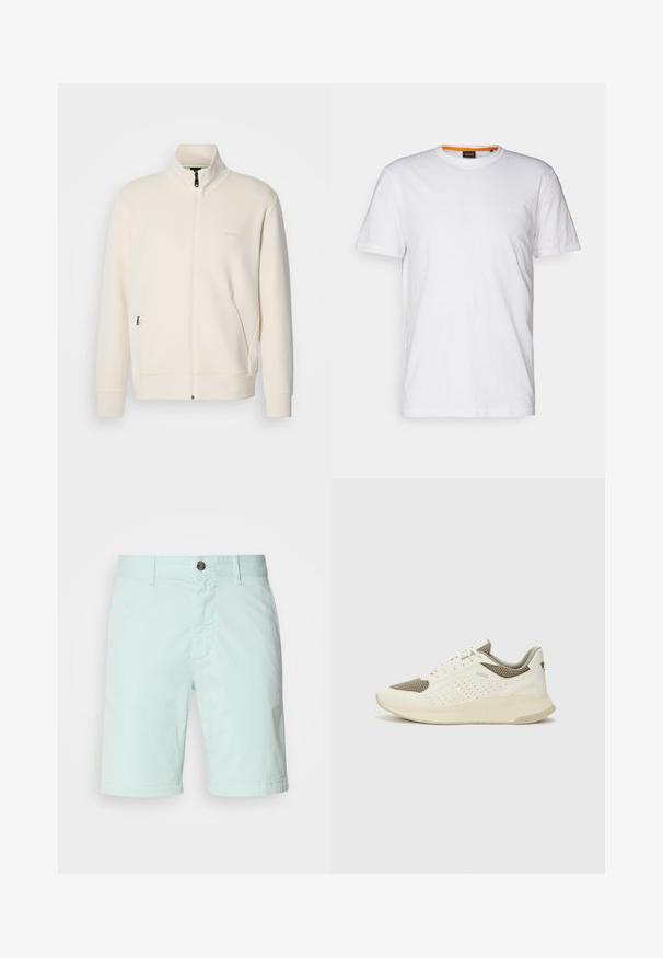 Valkoinen vetoketjullinen takki, jossa on pystykaulus, pitkät hihat, sivutaskut ja huomaamaton "BOSS"-logo vasemmassa rinnassa.; Valkoinen puuvillateepaita, jossa on pyöreä kaula-aukko, lyhyet hihat ja hillitty kohopainettu logo rinnassa. Sisämerkissä on oranssi yksityiskohta.; Vaalean mintunvihreät puuvillahousut, joissa on vetoketju, nappikiinnitys ja sivutaskut. Sileä pinta ja rento muotoilu.; Valkoinen ja vaaleanbeige urheilukengät, joissa on verkkomateriaali yläosa, rei'itettyjä yksityiskohtia ja teksturoitu välipohja, jossa on brändäys kantapäässä.