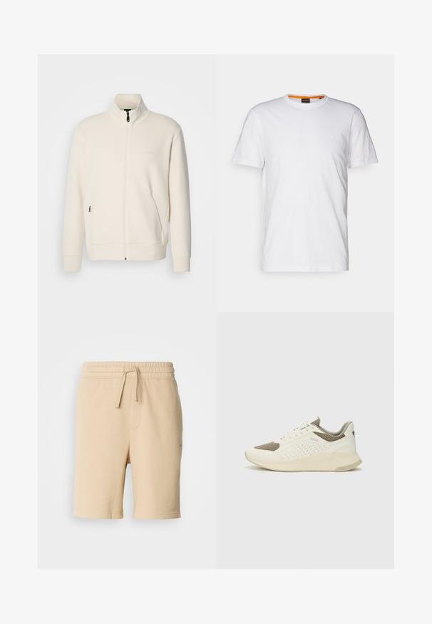 Ζακέτα σε off-white απόχρωση με κλείσιμο φερμουάρ, όρθιο γιακά, μακριά μανίκια, πλάγιες τσέπες και διακριτό λογότυπο "BOSS" στο αριστερό στήθος.; Λευκό βαμβακερό T-shirt με στρογγυλή λαιμόκοψη, κοντά μανίκια και μια διακριτική ανάγλυφη λογότυπο στο στήθος. Η εσωτερική ετικέτα έχει πορτοκαλί λεπτομέρεια.; Μπεζ κοντά παντελόνια σε μείγμα βαμβακιού με ελαστική ζώνη, λεπτομέρεια κορδονιού, πλευρική τσέπη και ίσιο κόψιμο στα πόδια. Λείο υλικό και απλός σχεδιασμός.; Λευκό και ανοιχτό μπεζ αθλητικό παπούτσι, με επάνω μέρος από διχτυωτό υλικό, διακοσμήσεις με περφορέ και υφή στην ενδιάμεση σόλα με επωνυμία στη φτέρνα.