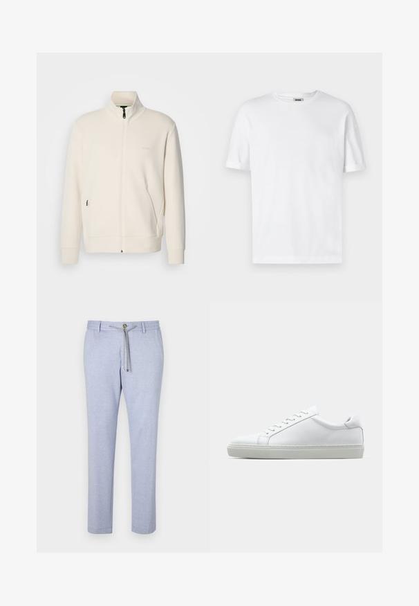 Off-white zip-up jack met staande kraag, lange mouwen, zijzakken en een subtiele "BOSS" logo op de linkerborst.; Witte katoenen t-shirt met een ronde hals, korte mouwen en omgeslagen mouwen; ongecompliceerd ontwerp, zachte textuur en rechte snit.; Lichtblauwe casual broek, gemaakt van zachte stof, met een trekkoordsluiting, knoopaccent en een taps toelopend ontwerp met een gladde textuur.; Witte sneaker met een gladlederen bovenwerk en een laag profiel. Voorzien van een ronde neus, zes vetergaatjes en een gestructureerde rubberen zool.