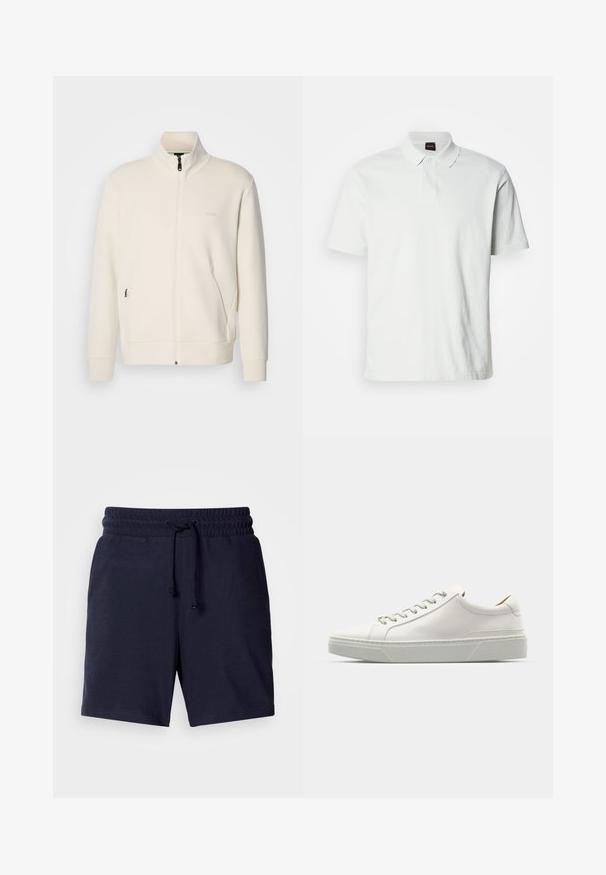 Off-white Zip-Jacke mit Stehkragen, langen Ärmeln, Seitentaschen und dezenter "BOSS"-Logo auf der linken Brust.; Weißes Poloshirt aus Baumwolle, mit klassischem Kragen, zwei Knöpfen und dezentem Markenlogo auf der Vorderseite gestickt. Kurze Ärmel.; Marineblaue Shorts mit lockerer Passform, elastischem Bund und verstellbarem Kordelzug. Leichtes Material mit glatter Textur.; Weißes Leder-Sneaker mit abgerundetem Zehenbereich, minimalistisches Design, graue Schnürsenkel und einer strukturierten grauen Gummisohle. Dezente Nähte sichtbar.