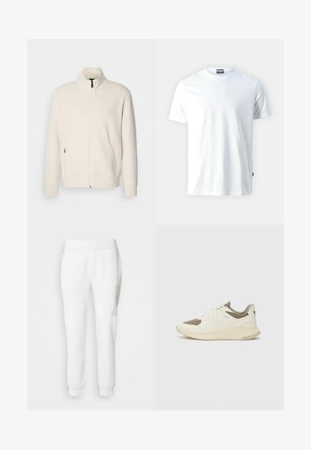 Off-white zip-up jacket with stand collar, long sleeves, side pockets, and subtle "BOSS" logo on the left chest.; White cotton crewneck T-shirt with short sleeves, featuring a subtle embossed "Joop!" logo on the chest and a straight hem.; Calvin Klein HORIZONTAL LOGO SWEATPANTS - Tracksuit bottoms - silver birch; White and light beige athletic sneaker, featuring a mesh upper, perforated detailing, and a textured midsole with branding on the heel.