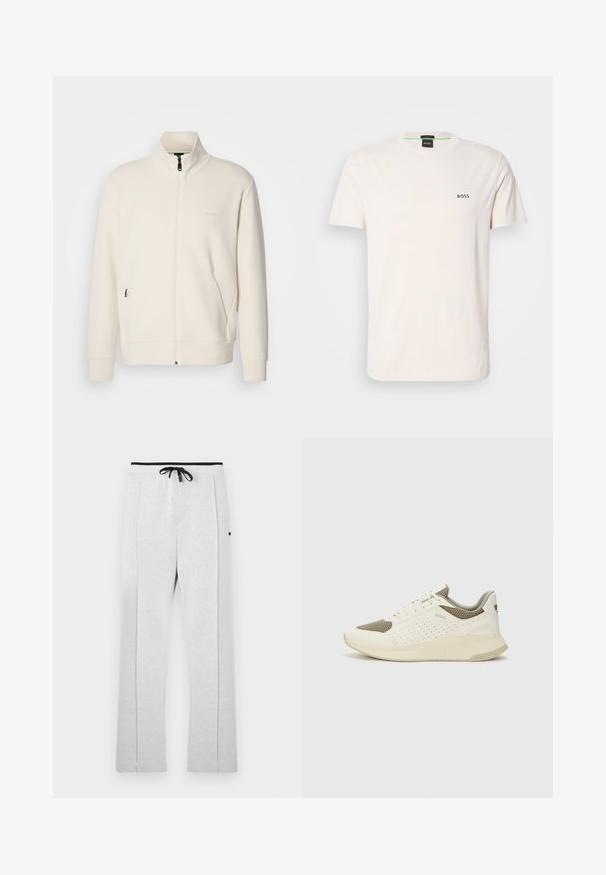 Off-white zip-up jacka med ståkrage, långa ärmar, sidofickor och subtil "BOSS"-logotyp på vänster bröst.; T-shirt i bomull i off-white med rund halsringning. Försedd med en liten svart "BOSS"-logotyp på bröstet. Normal passform och korta ärmar.; Grå, texturerade träningsbyxor med svarta dragsko i midjan. Rak benform med sidsömmar och utan påtagliga mönster eller logotyper.; Vit och ljusbeige atletisk sneaker med ett meshöverdrag, perforerade detaljer och en texturerad mellansula med varumärke på hälen.