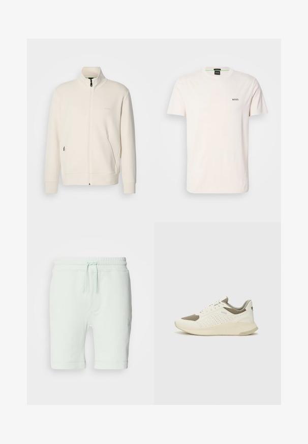 Krémová bunda na zips so stojatým golierom, dlhými rukávmi, bočnými vreckami a jemným logom "BOSS" na ľavej hrudi.; Bavlnené tričko v off-white farbe s okrúhlym výstrihom. Na hrudi sa nachádza malé čierne logo "BOSS". Štandardný strih a krátke rukávy.; Svetlo mätové bavlnené šortky s elastickým pásom, nastaviteľnou šnúrkou, bočnými vreckami a logom na pravej nohavici.; Biele a svetlo béžové športové tenisky s hornou časťou z mriežkového materiálu, perforovanými detailmi a textúrovanou medzipodrážkou s logom na päte.